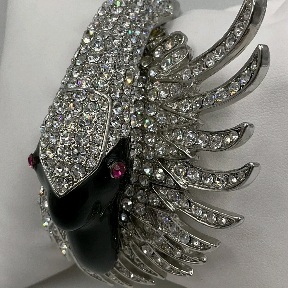 Swan Bangle Cuff Bracelet Elegant Silver and Black Crystal